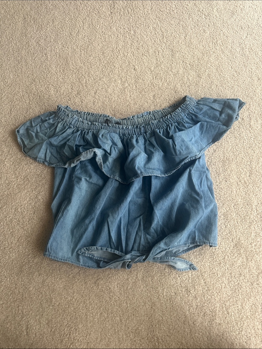 Women’s Off-Shoulder Ruffle Demim-like Top - Light Blue